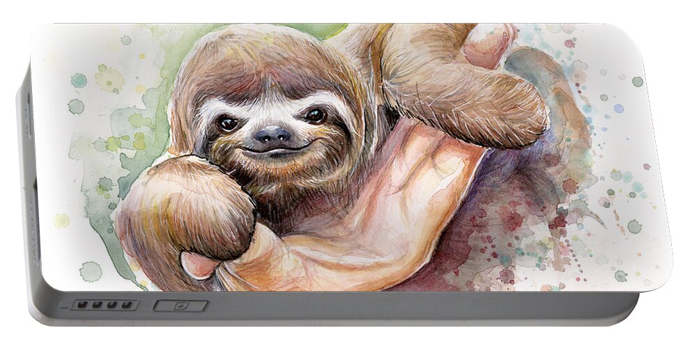 Sloth Portable Battery Charger featuring the painting Baby Sloth Watercolor by Olga Shvartsur