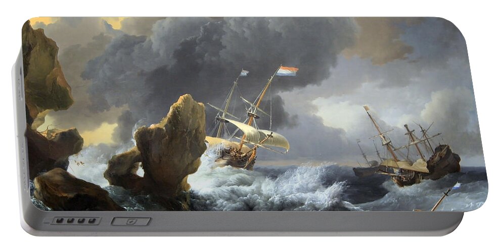 Ships In Distress Off A Rocky Coast Portable Battery Charger featuring the photograph Backhuysen's Ships In Distress Off A Rocky Coast by Cora Wandel
