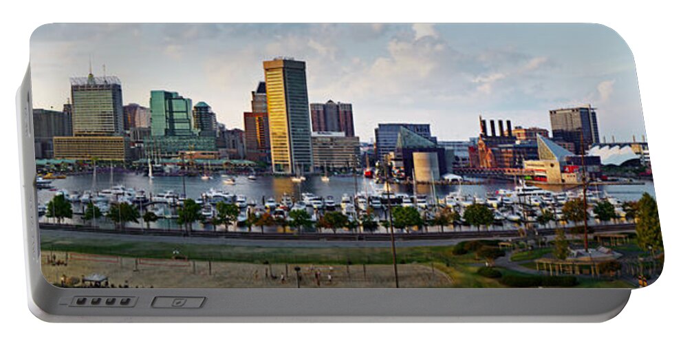 Baltimore Skyline Portable Battery Charger featuring the photograph Baltimore Harbor Skyline Panorama by Susan Candelario