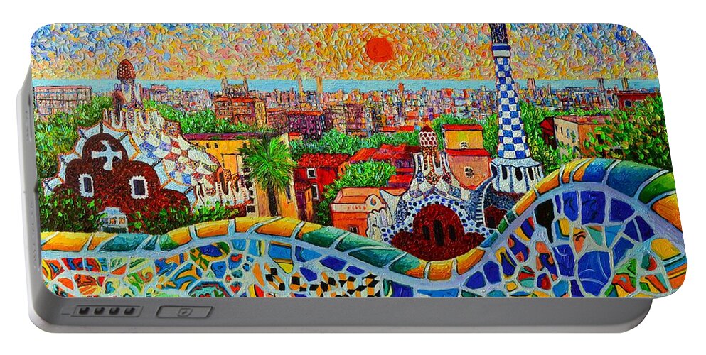 Barcelona Portable Battery Charger featuring the painting Barcelona View At Sunrise - Park Guell Of Gaudi by Ana Maria Edulescu