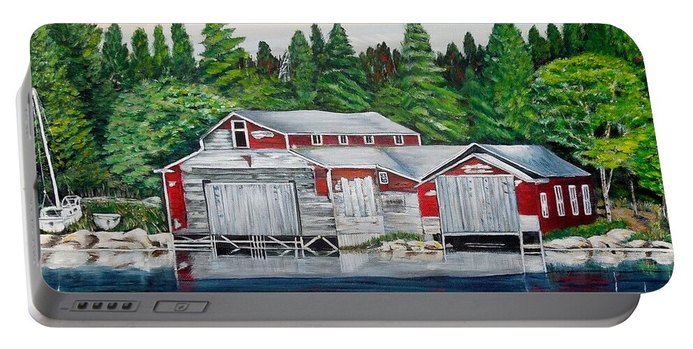 Barkhouse Portable Battery Charger featuring the painting Barkhouse Boatshed by Marilyn McNish