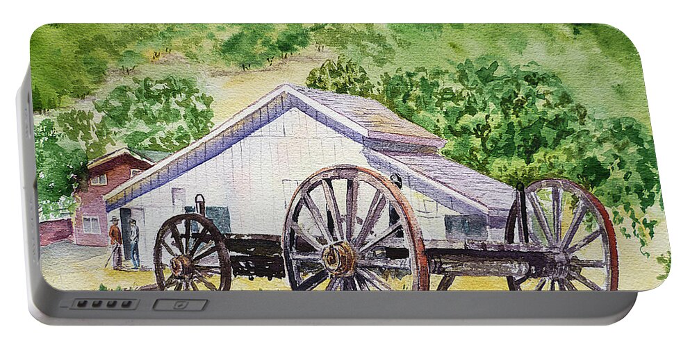 Barn Portable Battery Charger featuring the painting Barn and Old Wagon at Eugene O Neill Tao House by Irina Sztukowski
