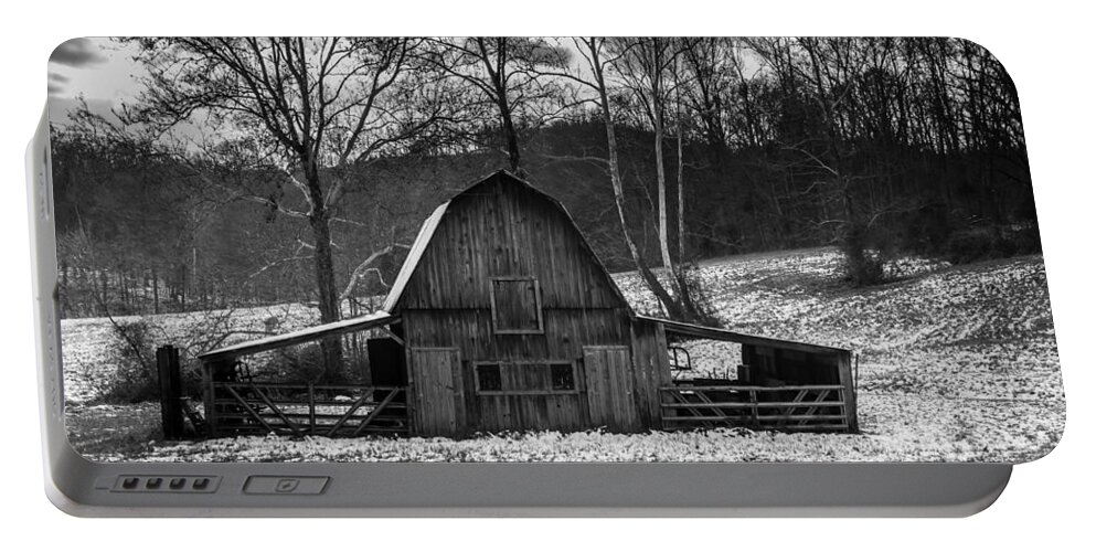 Barn Portable Battery Charger featuring the photograph Barn with Snow BW by Ron Pate