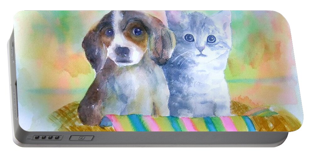 Puppy Portable Battery Charger featuring the painting Basket Full of Love by Debbie Lewis
