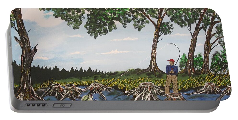  Portable Battery Charger featuring the painting Bass Fishing In The Stumps by Jeffrey Koss