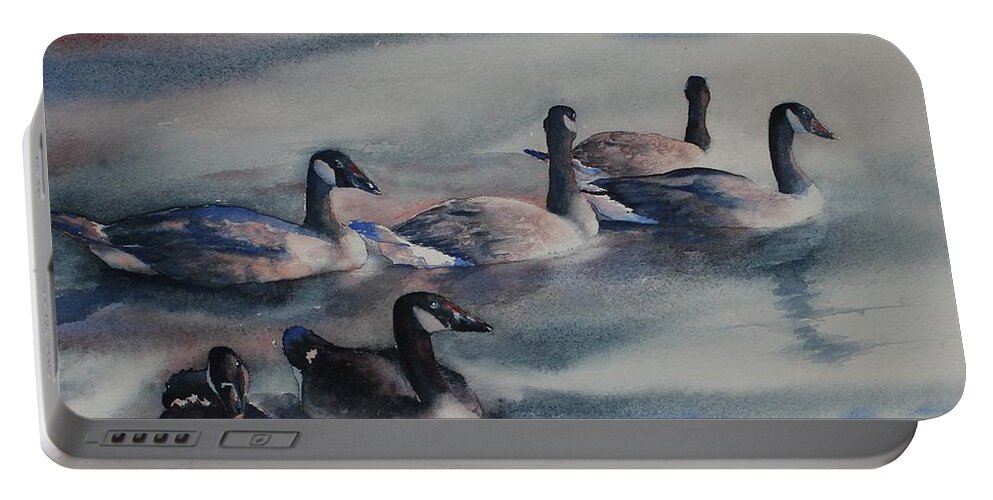 Canada Geese Portable Battery Charger featuring the painting Bachelor Party by Ruth Kamenev