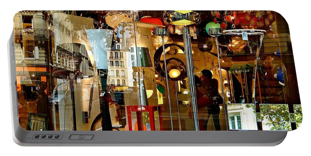 Paris Portable Battery Charger featuring the photograph Bazar Reflections by Ira Shander