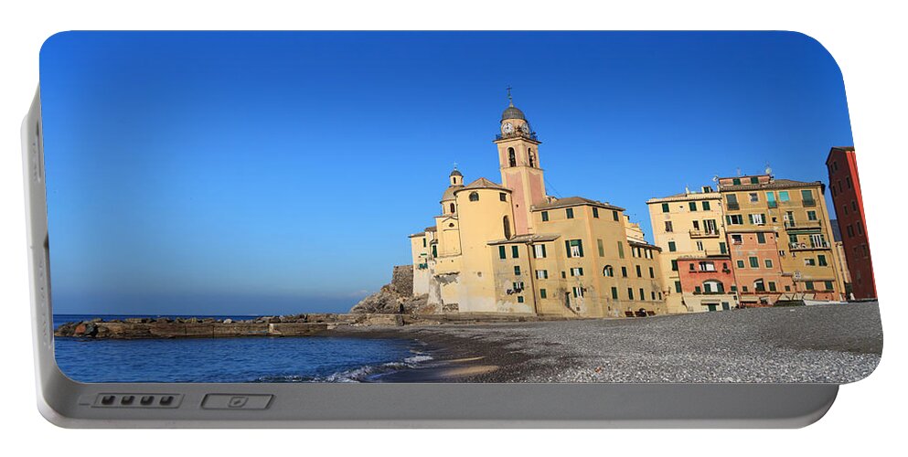 Ancient Portable Battery Charger featuring the photograph beach and church in Camogli by Antonio Scarpi