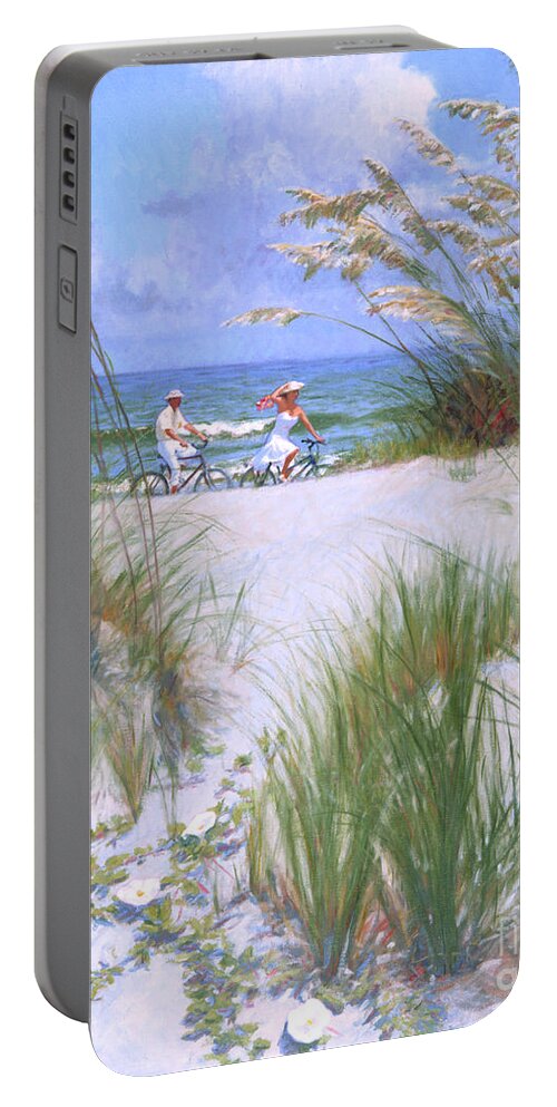 Beach Portable Battery Charger featuring the painting Beach Strollers by Candace Lovely