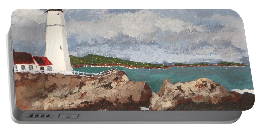 New England Shore Landscape Portable Battery Charger featuring the painting Beacon of Love by Cynthia Morgan