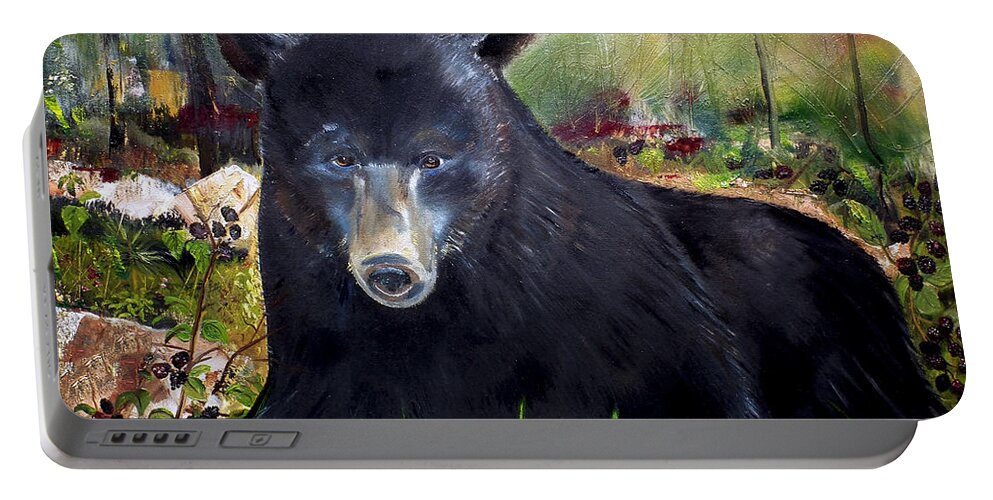 Black Bear In Blackberry Patch Portable Battery Charger featuring the painting Bear Painting - Blackberry Patch - Wildlife by Jan Dappen