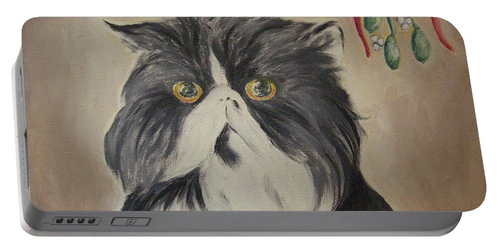 Cat Portable Battery Charger featuring the painting Beau with Mistletoe by Victoria Lakes