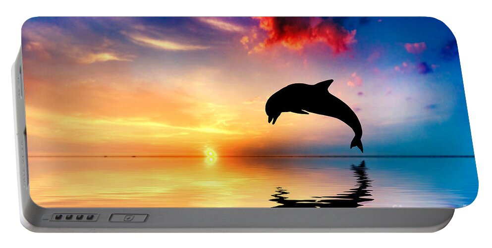 Sea Portable Battery Charger featuring the photograph Beautiful ocean and sunset with dolphin jumping by Michal Bednarek