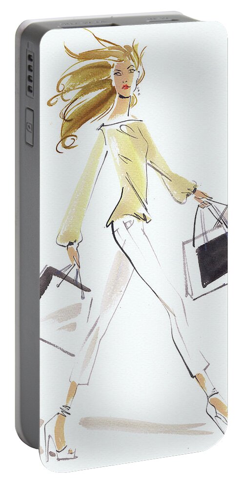 20-24 Years Portable Battery Charger featuring the painting Beautiful Woman Striding With Shopping by Ikon Images