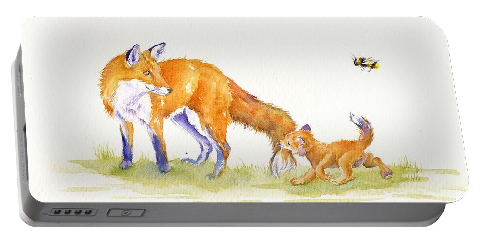 Fox Portable Battery Charger featuring the painting Bee-loved by Debra Hall
