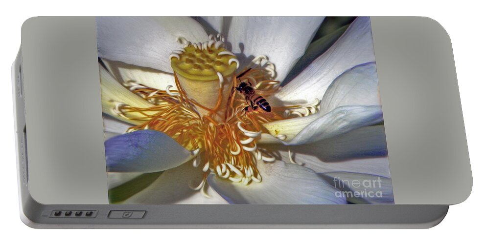 Bee Portable Battery Charger featuring the photograph Bee On Lotus by Savannah Gibbs