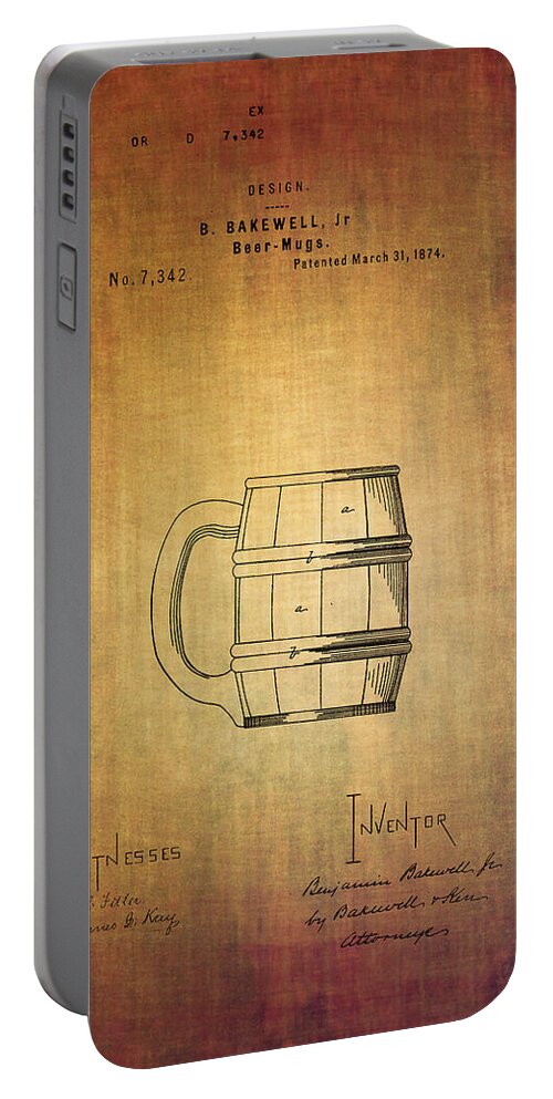 Patent Portable Battery Charger featuring the digital art Beer mug patent B.Bakewell from 1874 by Eti Reid