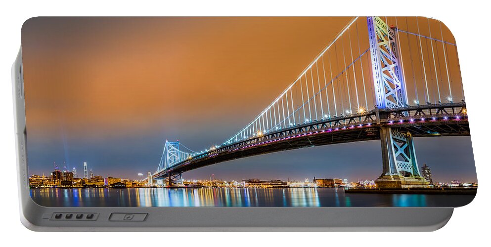 Ben Franklin Bridge Portable Battery Charger featuring the photograph Ben Franklin Bridge and Philadelphia skyline by night by Mihai Andritoiu