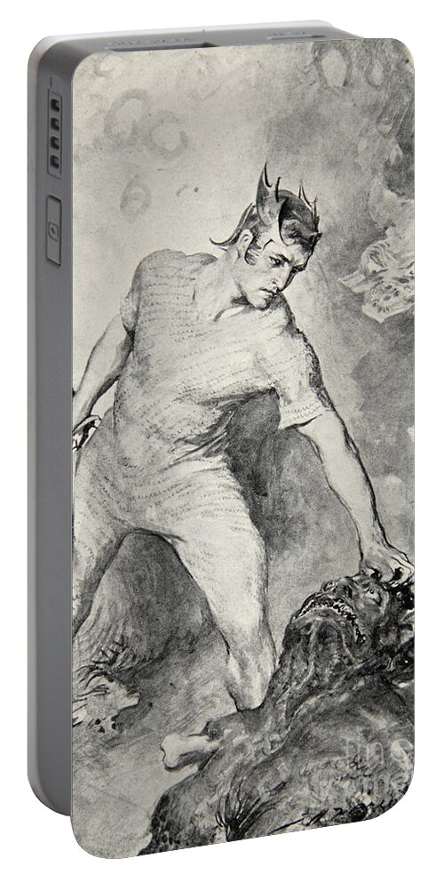 Beowulf Portable Battery Charger featuring the drawing Beowulf shears off the head of Grendel by John Henry Frederick Bacon