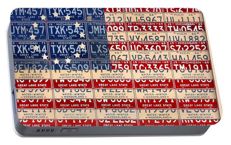 Betsy Portable Battery Charger featuring the mixed media Betsy Ross American Flag Michigan License Plate Recycled Art on Red Board by Design Turnpike