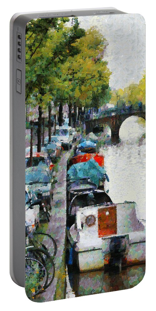 Architecture Portable Battery Charger featuring the photograph Bikes and boats in Old Amsterdam by Mick Flynn
