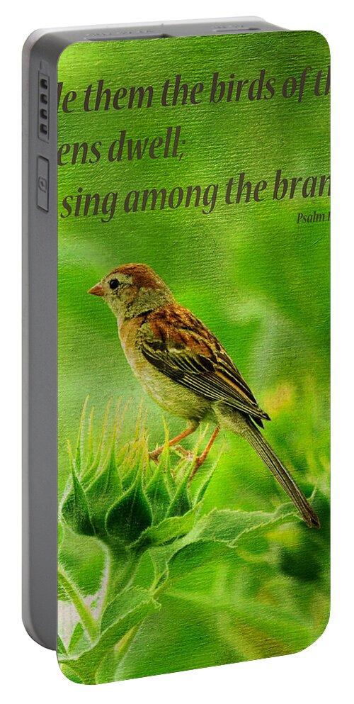 Sunflower Field Portable Battery Charger featuring the photograph Bird In A Sunflower Field Scripture by Sandi OReilly
