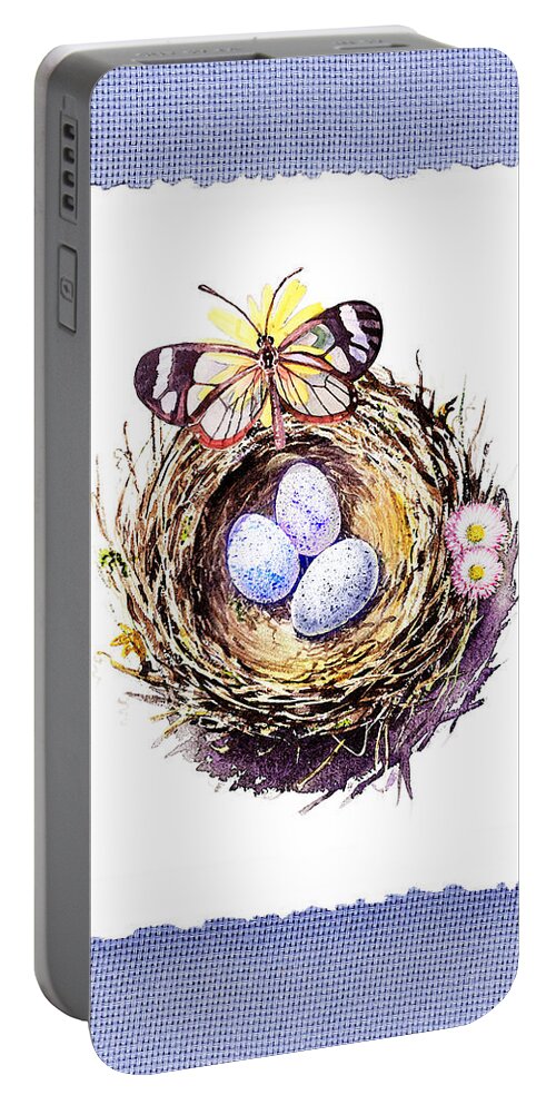 Bird Nest Portable Battery Charger featuring the painting Bird Nest With Daisies Eggs And Butterfly by Irina Sztukowski