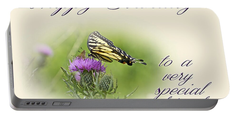 Birthday Portable Battery Charger featuring the photograph Birthday Greeting Card - Special Friend - Tiger Swallowtail Butterfly On Thistle by Carol Senske