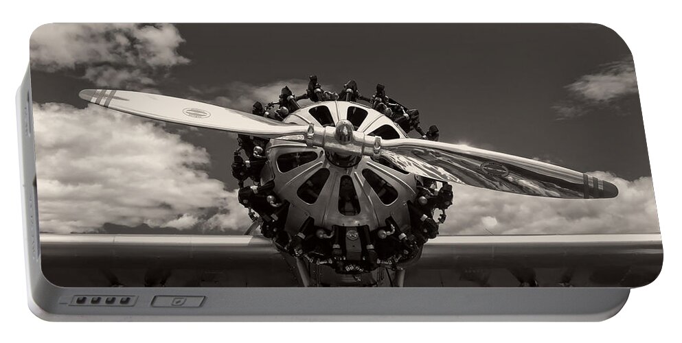 Airplane Portable Battery Charger featuring the photograph Black and white Close-up Of Airplane Engine by Keith Webber Jr