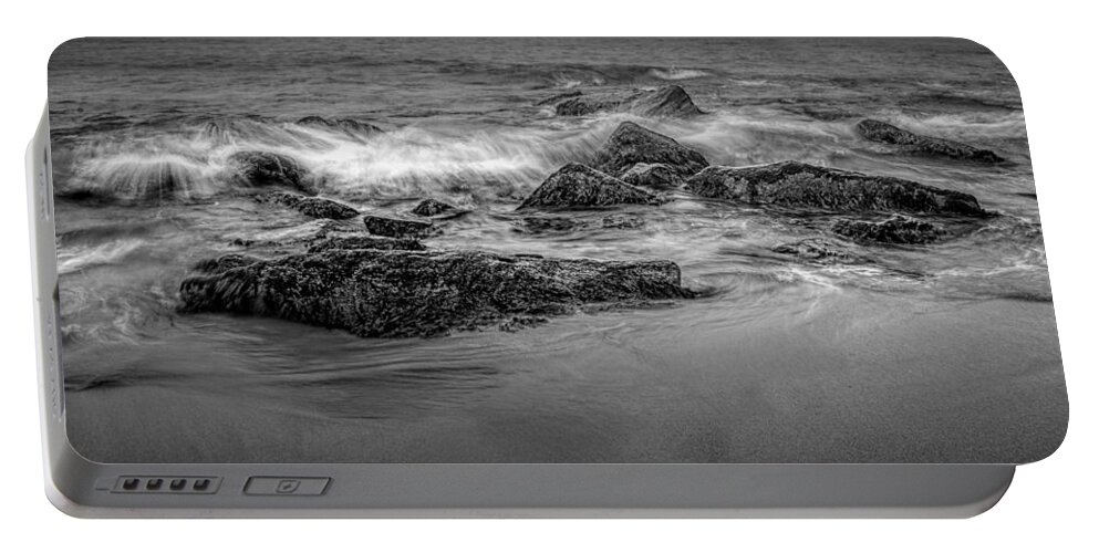 Art Portable Battery Charger featuring the photograph Black and White Photograph of Waves crashing on the shore at Sand Beach by Randall Nyhof