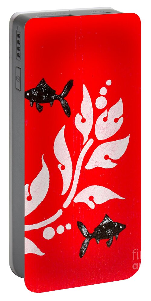  Portable Battery Charger featuring the painting Black fish left by Stefanie Forck