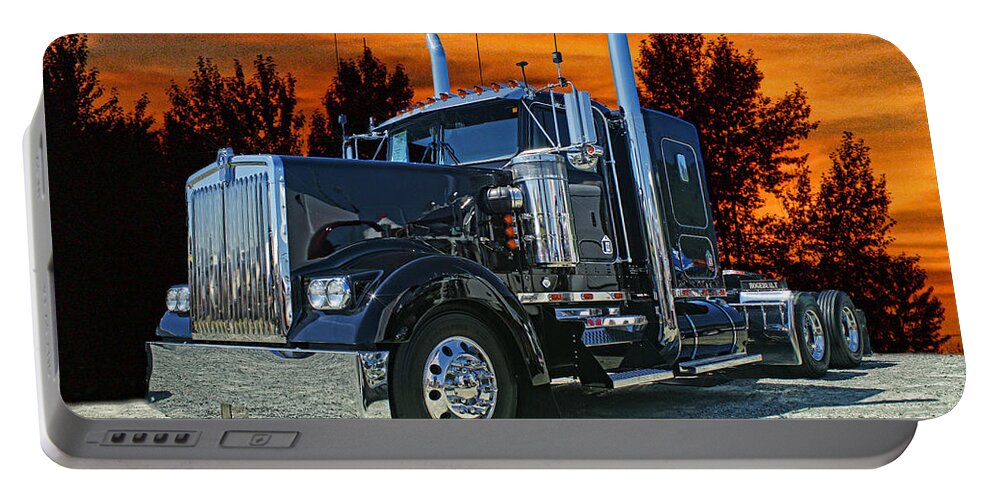 Kenworth Portable Battery Charger featuring the photograph Black Kenworth by Randy Harris
