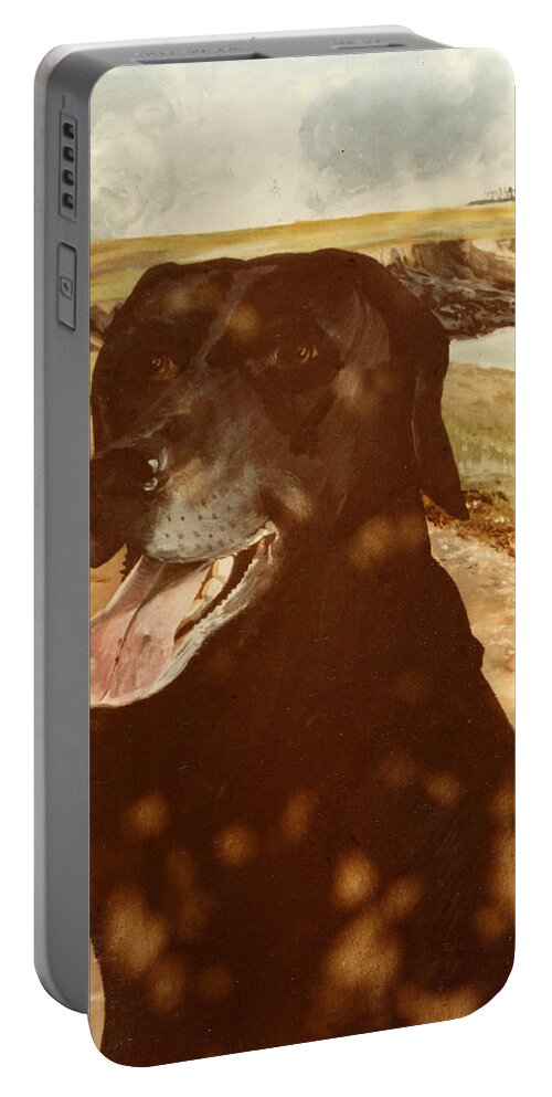 Labrador Portable Battery Charger featuring the painting Black Labrador in the shade of a tree by Mackenzie Moulton