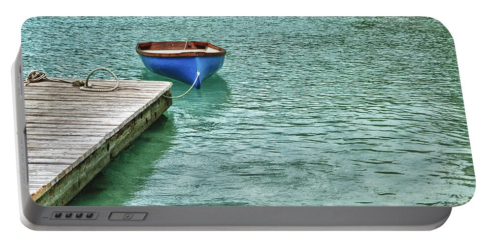 Blue Portable Battery Charger featuring the digital art Blue Boat Off Dock by Michael Thomas