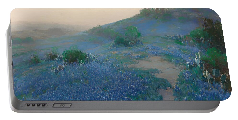 San Antonio Portable Battery Charger featuring the painting Blue Bonnet Field in San Antonio by Mountain Dreams