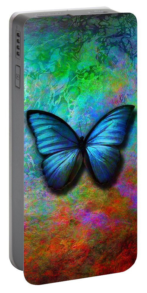 Blue Butterfly Portable Battery Charger featuring the digital art Blue Butterfly on colorful background by Lilia D