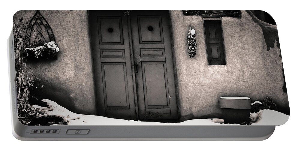 Santa Portable Battery Charger featuring the photograph Blue door in sepia gold by Charles Muhle