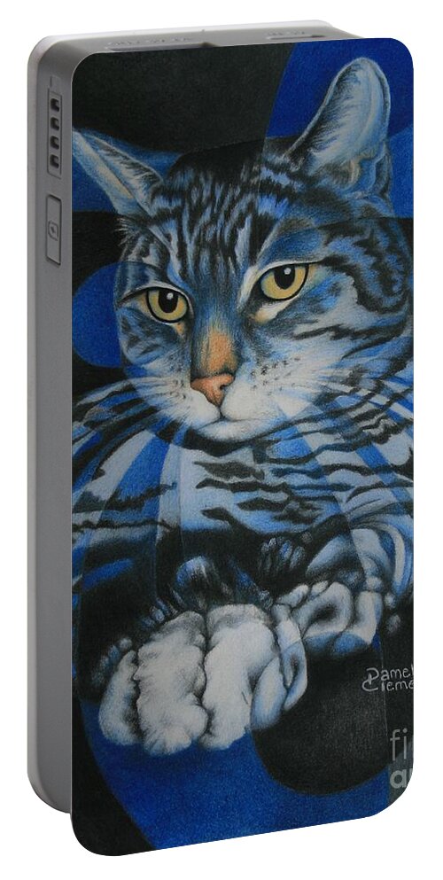 Cat Portable Battery Charger featuring the painting Blue Feline Geometry by Pamela Clements
