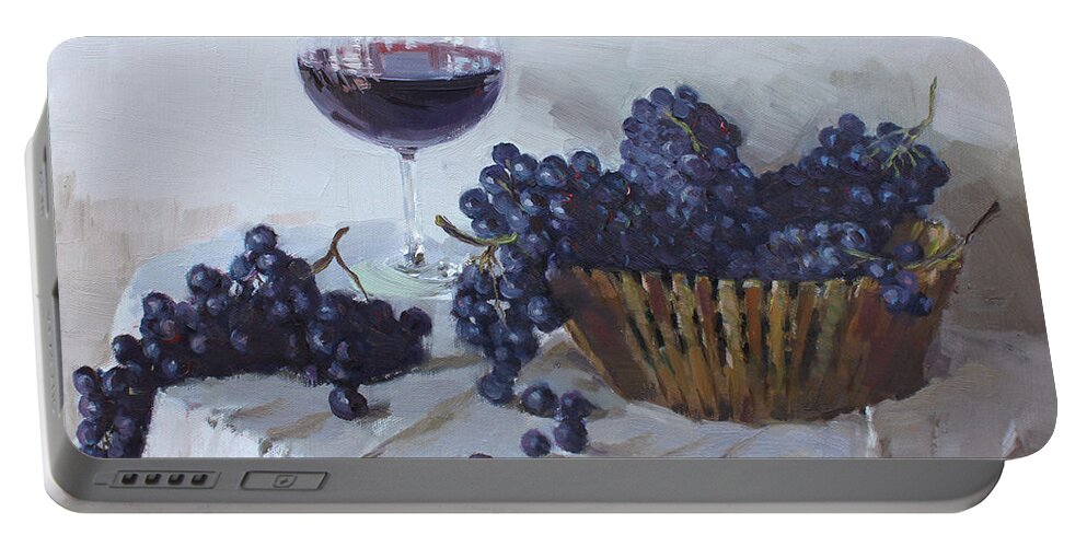 Blue Grapes Portable Battery Charger featuring the painting Blue Grapes and Wine by Ylli Haruni