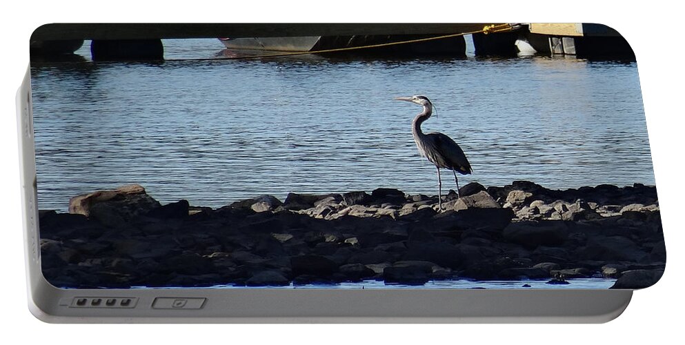 Birds Portable Battery Charger featuring the photograph Blue Heron by the dock by Christopher Plummer