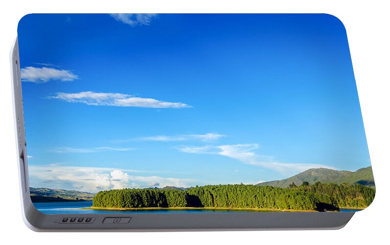Lake Portable Battery Charger featuring the photograph Blue Lake and Green Hills by Jess Kraft