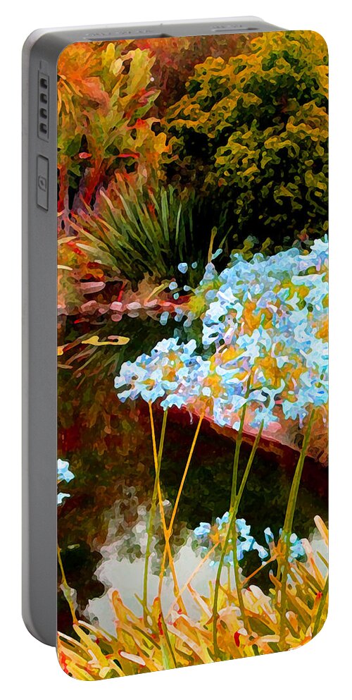 Blue Lilies Portable Battery Charger featuring the painting Blue Lily Water Garden by Amy Vangsgard