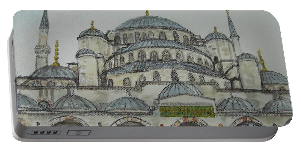 Watercolour Paintings Portable Battery Charger featuring the painting Blue Mosque Istanbul Turkey by Malinda Prud'homme