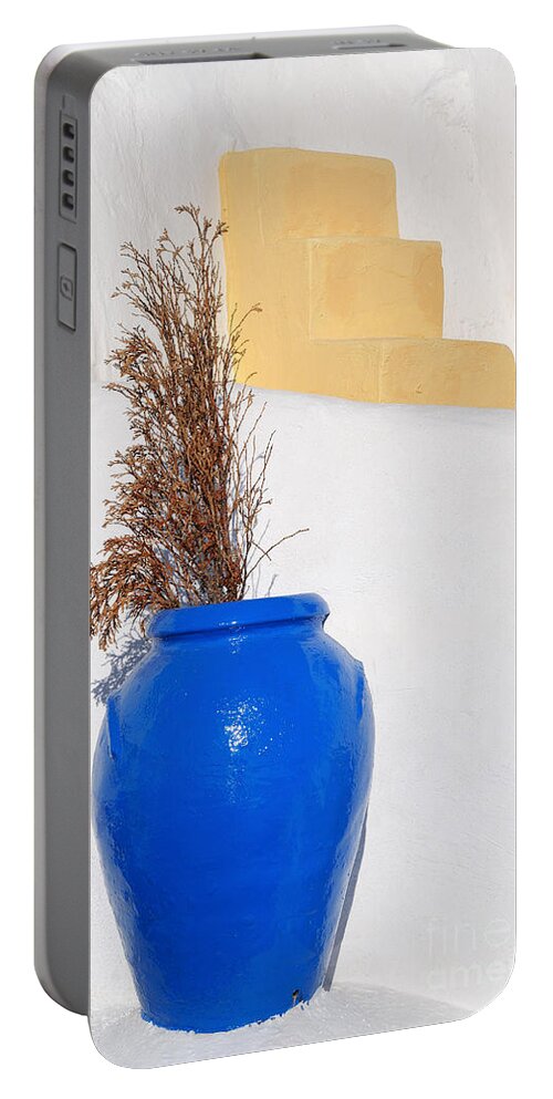 Santorini Portable Battery Charger featuring the photograph Blue pot in Oia town #2 by George Atsametakis