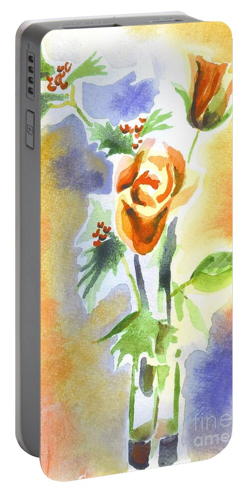 Blue With Redy Roses And Holly Portable Battery Charger featuring the painting Blue with Redy Roses and Holly by Kip DeVore