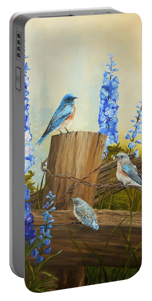Song Birds Portable Battery Charger featuring the painting Bluebird Family and Delphiniums by Johanna Lerwick