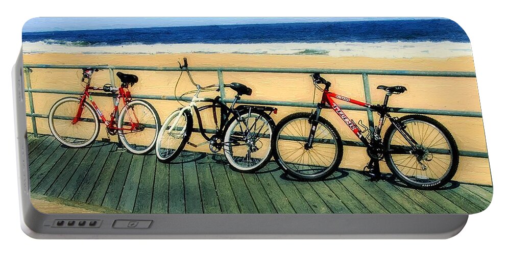 Beach Portable Battery Charger featuring the painting Boardwalk Bikes by RC DeWinter