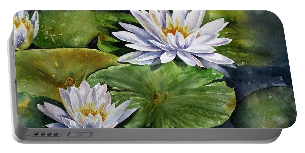 Water Lilies Portable Battery Charger featuring the painting Boardwalk Lilies by Mary McCullah