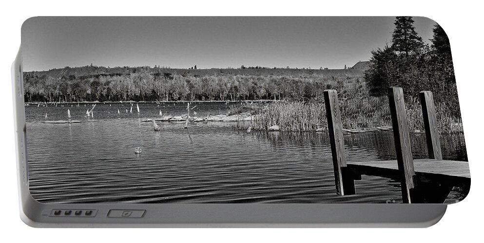 Black And White Photography Portable Battery Charger featuring the photograph Boat Dock Black and White by Gwen Gibson