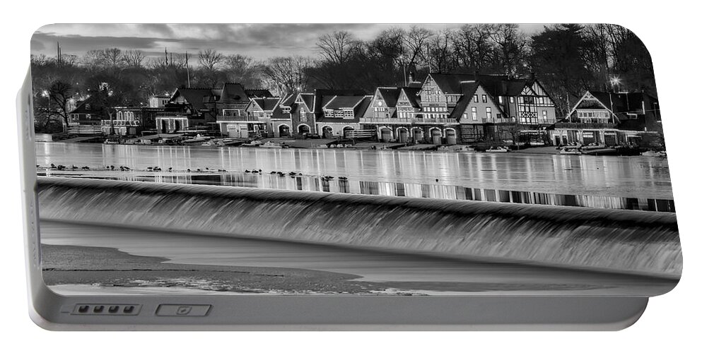 Boat House Row Portable Battery Charger featuring the photograph Boathouse Row Philadelphia PA BW by Susan Candelario
